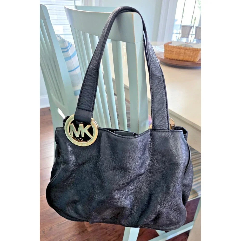 Michael Kors Black Fulton Pebbled Leather Hobo Bag 15x12x5